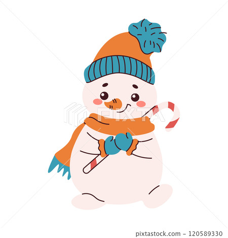 Snowman in hat holding candy flat color vector character Snowman in hat holding candy flat color vector character 120589330