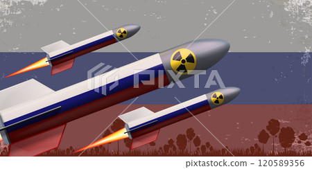 Russia atomic bomb and weapon rocket isolated on russian flag background. Missile is painted in Russian colors with fire from the nozzle and radiation icon 120589356