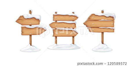 Vintage wooden road signposts with snow realistic color icons 120589372