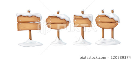 Rustic wooden signposts covered in snow realistic color icons 120589374