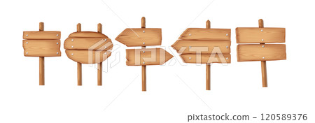 Wooden signposts nailed to posts realistic color icons set 120589376