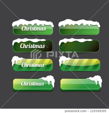 Christmas vector green glossy buttons set isolated on grey background. Web green christmas sale buttons with snow, snow flakes, ice border 120589395