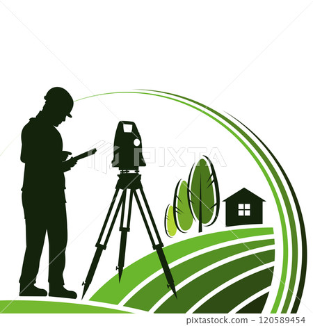Surveyor engineer stands at a geodetic device on a green field 120589454