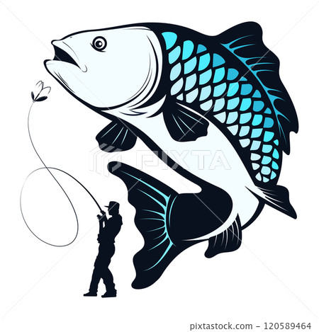 Catching a big fish and a fisherman with a fishing rod 120589464