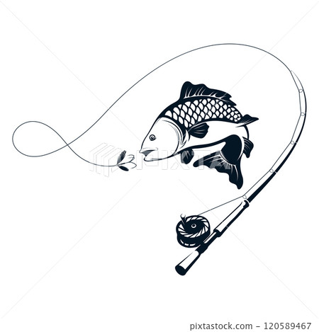 Fish silhouette and fishing rod with bait on the fishing line 120589467