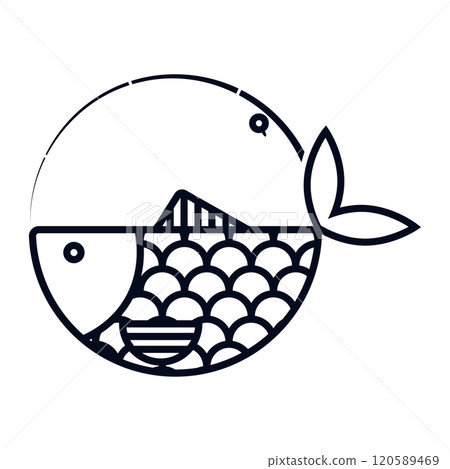 Fish with fins and silhouette of a fishing rod Fish with fins and silhouette of a fishing rod 120589469
