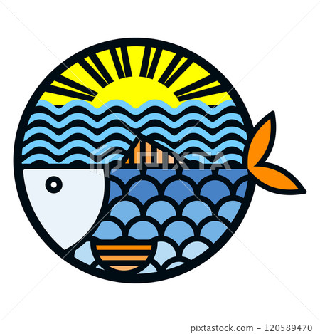 Fish, yellow sun and blue waves design Fish, yellow sun and blue waves design 120589470