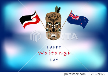 Happy Waitangi Day. Maoris mask and nation flags with text. New Zealand Waitangi Day on the 6th of February. Happy Waitangi Day. Maoris mask and nation flags with text. New Zealand Waitangi Day on the 6th of February. 120589472