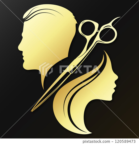 Scissors male and female head golden silhouette 120589473