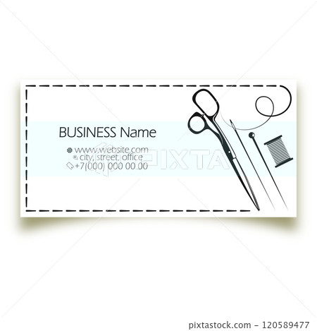 Scissors needle and thread stitch, business card for a tailor and sewing salon 120589477