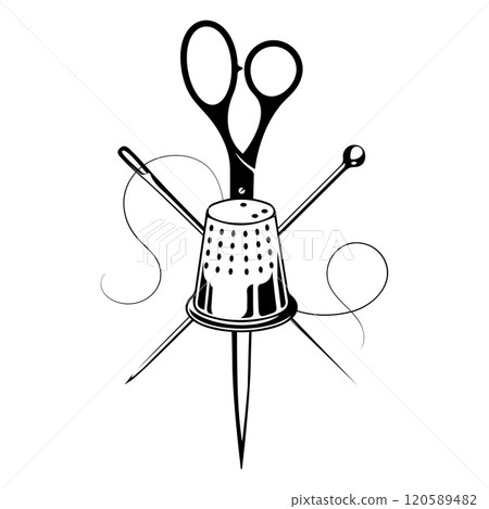 Scissors needle thimble sign for hand sewing and sewing salon 120589482