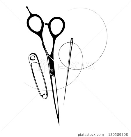 Scissors, needle and thread and pin. Design for sewing salon Scissors, needle and thread and pin. Design for sewing salon 120589508