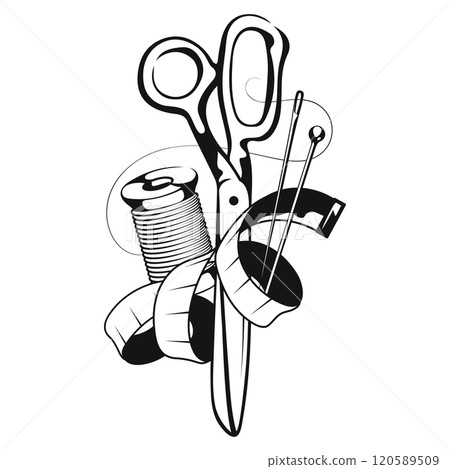 Scissors, needle, spool of thread and meter 120589509