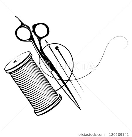 Scissors spool of thread and sewing needle. Design for sewing 120589541