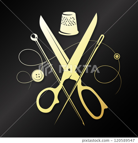 Scissors thimble and needle and thread gold design Scissors thimble and needle and thread gold design 120589547