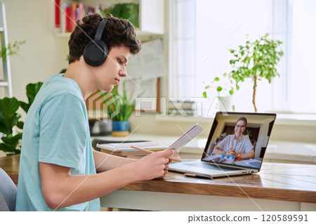 Young male on online therapy with psychologist, psychotherapist Young male on online therapy with psychologist, psychotherapist 120589591