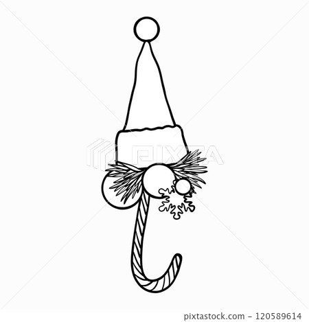 Vector New Year's tree toy. Santa's hat with fir branches and Christmas tree balls and striped candy cane painted by black inks. Christmas illustration in line art style. Graphics outline new year toy 120589614