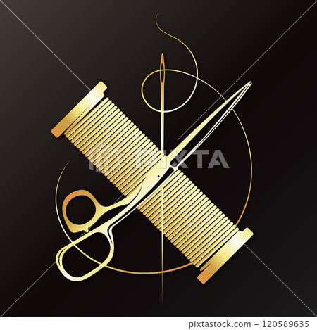 Sewing needle with thread and scissors gold symbol 120589635