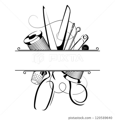 Sewing scissors, needle with nick, thimble symbol for seamstress and tailor Sewing scissors, needle with nick, thimble symbol for seamstress and tailor 120589640