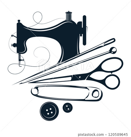 Sewing machine, needle, spool of thread and buttons 120589645