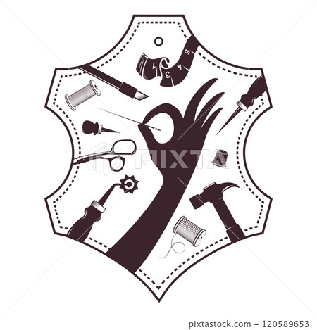 Sewing needle in hand, symbol for leather tailoring Sewing needle in hand, symbol for leather tailoring 120589653