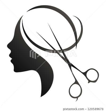 Silhouette of a girl and scissors cut a lock of hair. Symbol for beauty and hair salon Silhouette of a girl and scissors cut a lock of hair. Symbol for beauty and hair salon 120589678