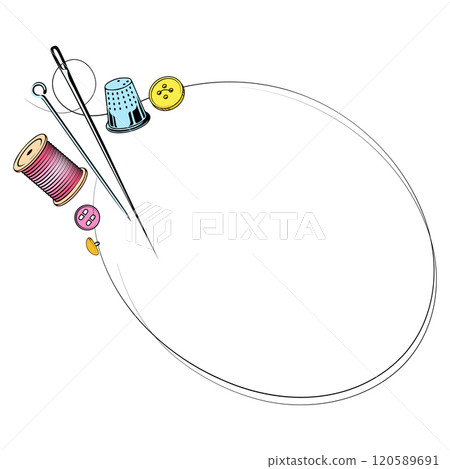 Sign frame sewing and cutting, scissors needle buttons spool of thread Sign frame sewing and cutting, scissors needle buttons spool of thread 120589691
