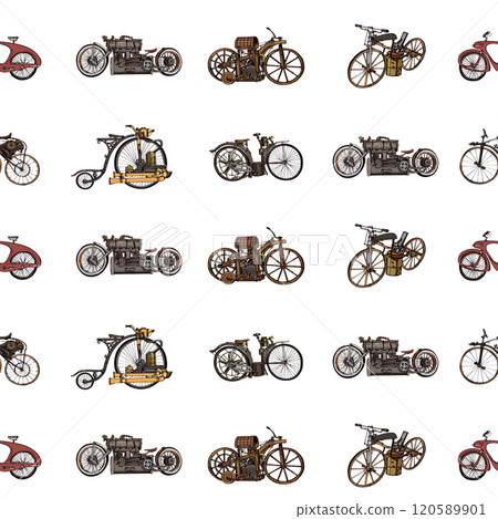 Steampunk Print with Gold Hearts and Star and Old Bikes. Edwardian Seamless Pattern for Card. Victorian Style. 120589901