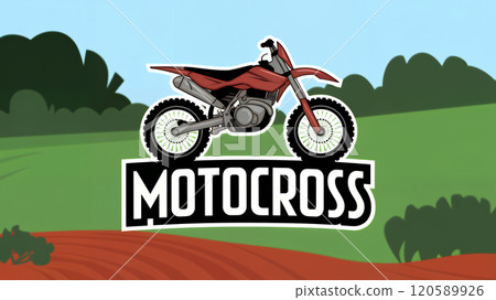 An illustration of a motocross logo with a stylized motorcycle with the word Motocross 120589926