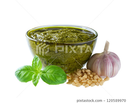 Fresh Italian pesto sauce with basil, pine nuts and and garlic isolated on white background. 120589970