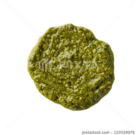 Puddle of pesto sauce dressing or pesto spot isolated on white background.Top view 120589976