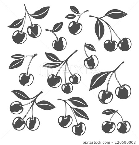Cute Cartoon Silhouette Monochrome Cutout Cherry Icon Set. Single, Pair of Cherries and Cluster of Cherries with Leaves Clipart. Cherry Art, Design Template, Vector Illustration 120590008