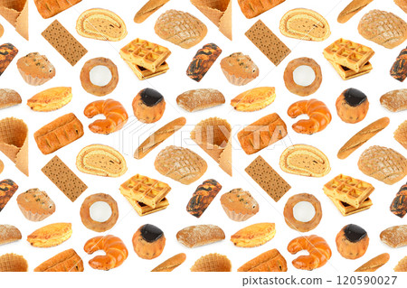 Seamless pattern various sweet bread products made of wheat and rye isolated on white Seamless pattern various sweet bread products made of wheat and rye isolated on white 120590027