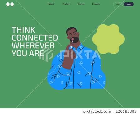 Thinking people, modern flat vector concept illustration- man standing thoughtfully, looking upwards, bubble near his head Metaphor for reflection, analysis, introspection, contemplation, deep thought 120590395