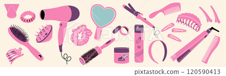 Pink hair accessories and tools. Hair care and beauty. 120590413