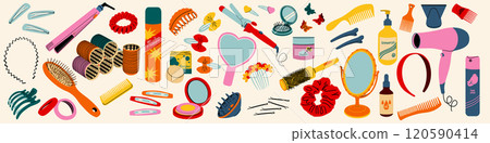 A set of tools and accessories for hair. Hair care. Hairpins, elastic bands, combs, hair dryer. 120590414