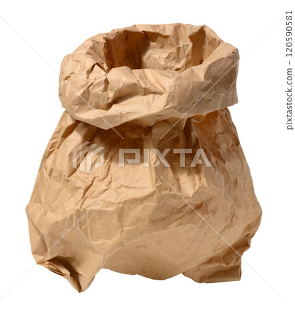 Crumpled full paper grocery bag on isolated background Crumpled full paper grocery bag on isolated background 120590581