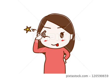 (Front view of upper body) A woman winking, sticking out her tongue and greeting with a cheerful smile (Front view of upper body) A woman winking, sticking out her tongue and greeting with a cheerful smile 120590659