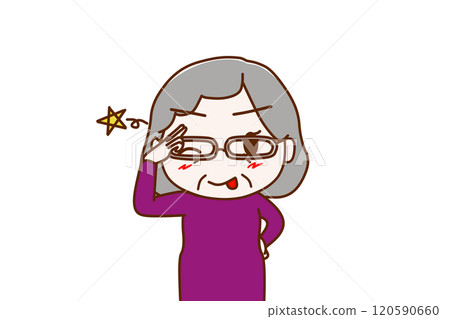 (上半身正面)一位老婦人帶著愉快的微笑、眨著眼睛向你打招呼,並伸出舌頭。 (上半身正面)一位老婦人帶著愉快的微笑、眨著眼睛向你打招呼,並伸出舌頭。 120590660