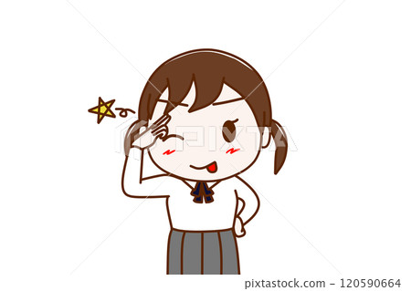 (上半身正面)一位女學生眨著眼睛,伸出舌頭,露出愉快的微笑打招呼。 (上半身正面)一位女學生眨著眼睛,伸出舌頭,露出愉快的微笑打招呼。 120590664