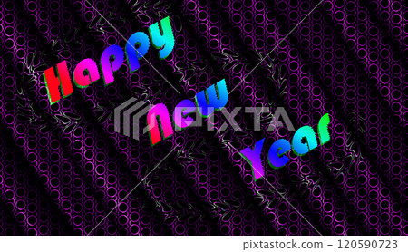 Three congratulatory words: Happy New Year. Multicolored words on a purple background. 120590723