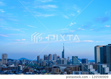 View of Momochihama, Jigyohama, and Fukuoka Tower in Sawara Ward from Tojinmachi and Ohori Park. Morning photo in spring 2024. Color difference. 120590909