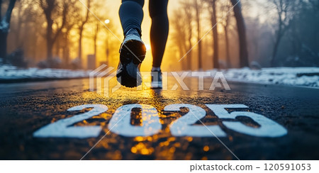 Runner traversing a sunlit path marked with the year 2025 during a vibrant morning Runner traversing a sunlit path marked with the year 2025 during a vibrant morning 120591053