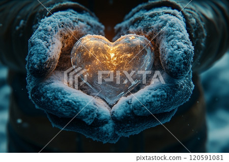 Winter hands in mittens hold a glowing heart made of ice in a snowy landscape 120591081