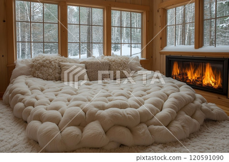 Cozy winter retreat with a plush seating area and a view of snowfall outside the window 120591090