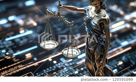 The Lady Justice statue stands before circuit board, signifying impact of AI on law and ethics. 120591099