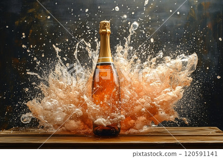 Champagne bottle explosively uncorked creating a splash of bubbly liquid in a dynamic display 120591141