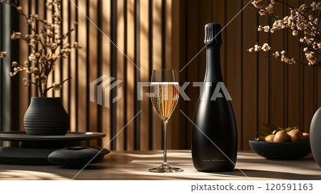 Elegant setting featuring champagne in a stylish studio with natural light and decorative elements 120591163