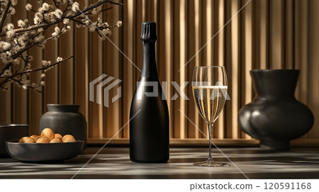 Elegant black champagne bottle and glass arranged on a stylish table with decorative elements Elegant black champagne bottle and glass arranged on a stylish table with decorative elements 120591168