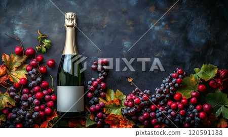 Elegant white champagne bottle surrounded by fresh grapes and autumn leaves on dark background 120591188